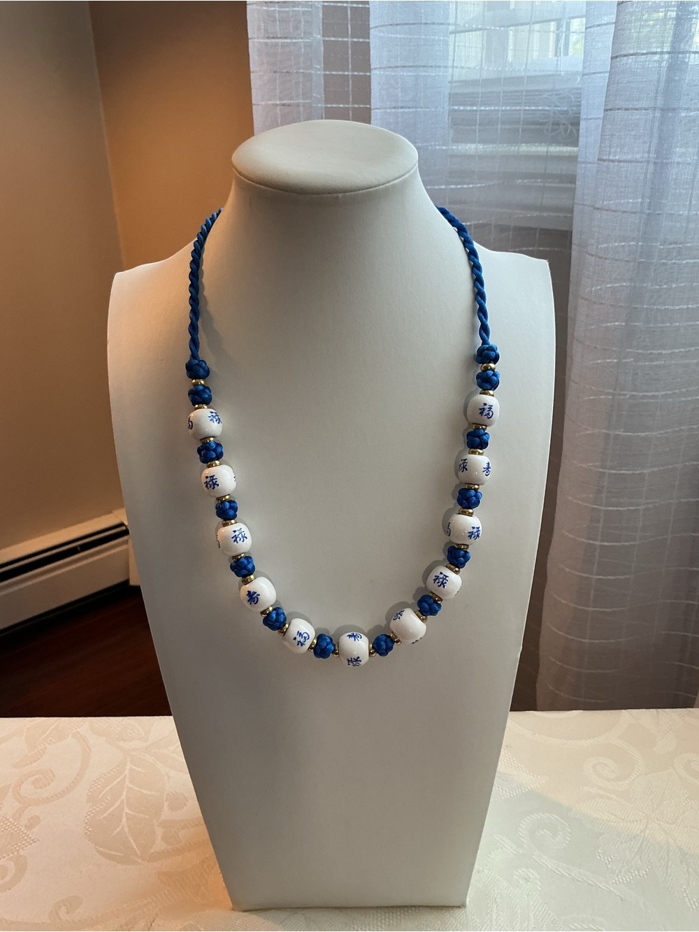 Blue and White Beaded Necklace with Porcelain-Style Accents